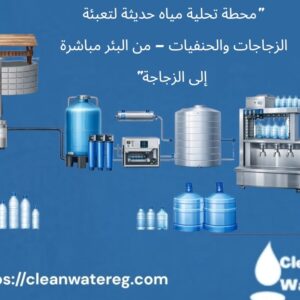 محطة تحلية حديثة للمياه المعدنية مع حنفيات وزجاجات بأحجام مختلفة